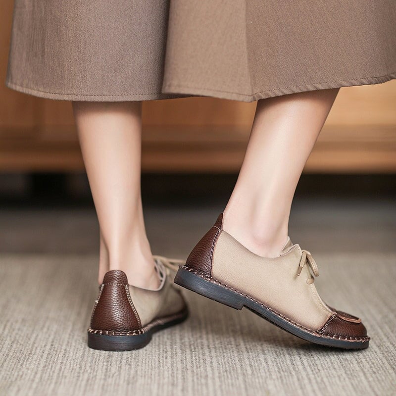 Scarpe Oxford e ballerine con lacci in morbida pelle per donna, fatte a mano, colore marrone/beige
