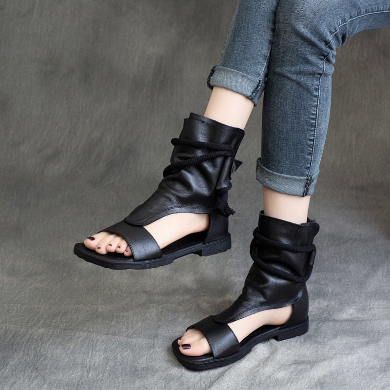 Sandalias de cuero para mujer, zapatos de ca&ntilde;a alta, planos, estilo gladiador, vintage, punta abierta