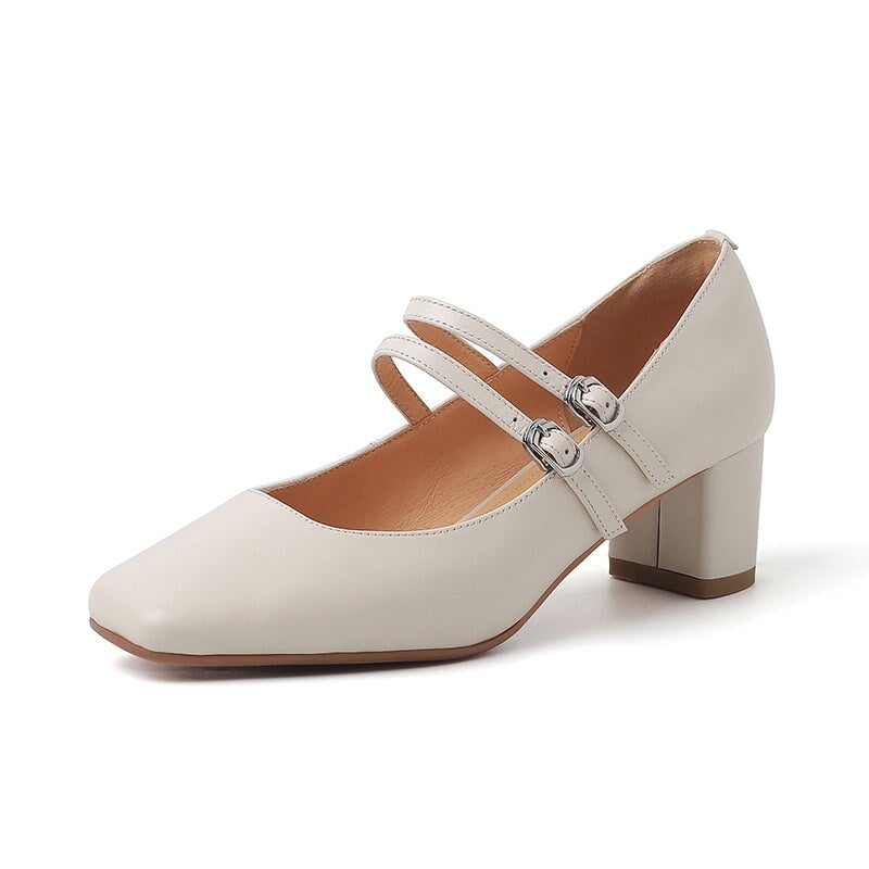 Elegantes tacones Mary Jane de piel de vaca con doble tira | Zapatos de boda y oficina en beige/plata