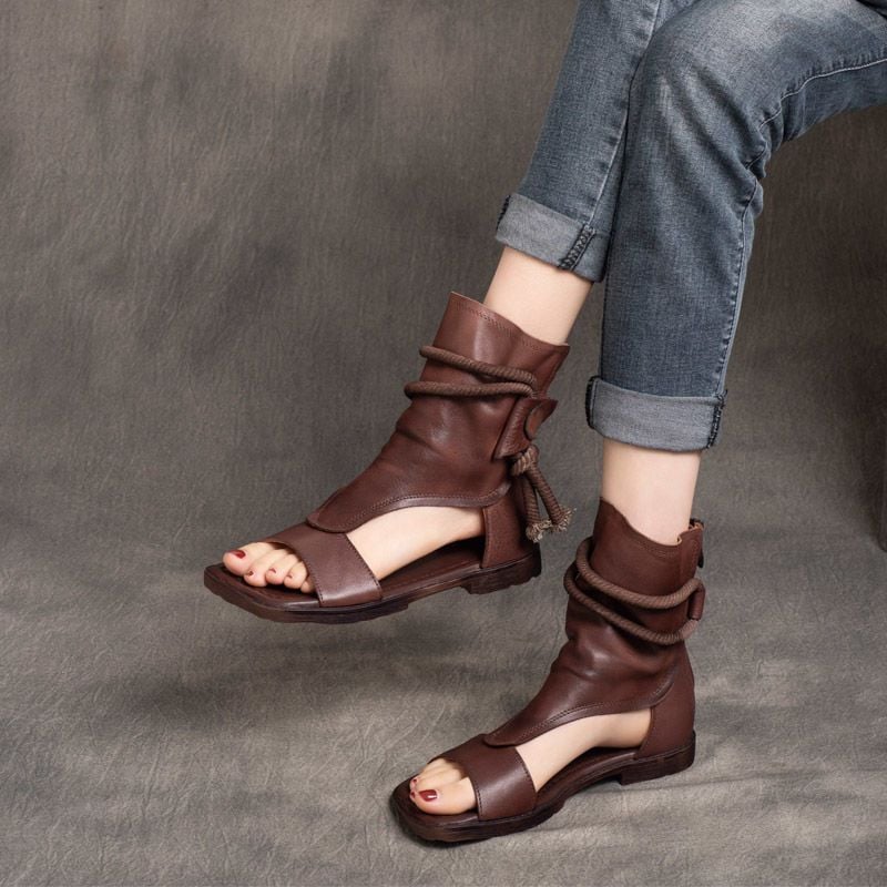 Sandalias de cuero para mujer, zapatos de ca&ntilde;a alta, planos, estilo gladiador, vintage, punta abierta