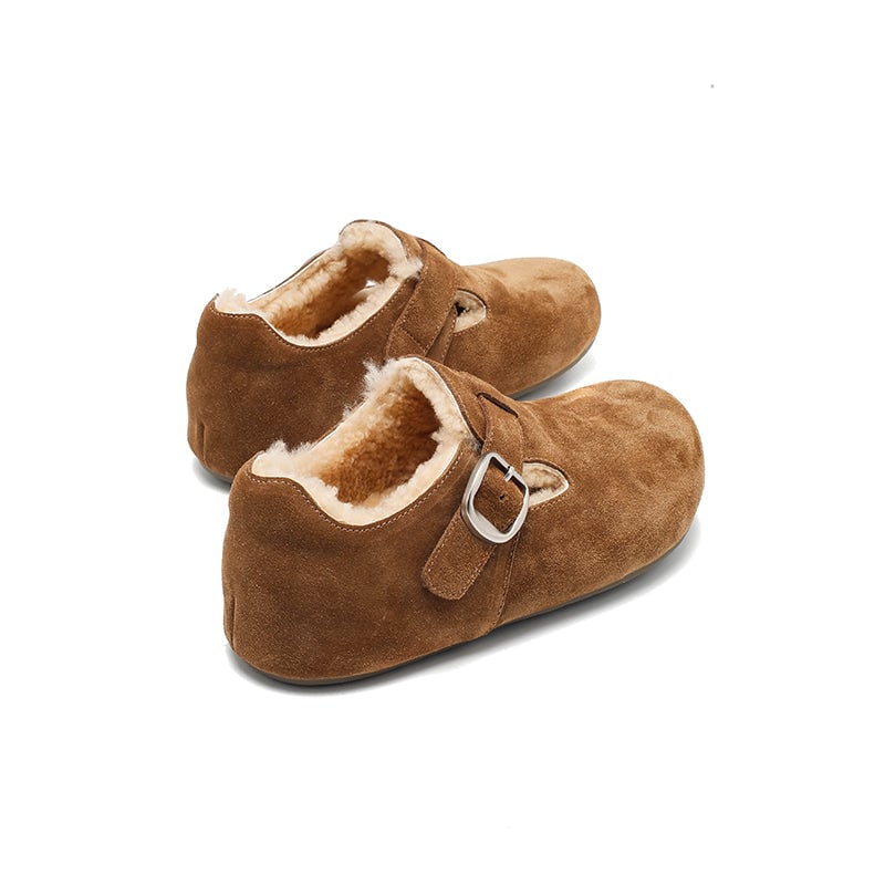 Women's Suede T-Strap Winter Shoes Wool-Lined Buckle Flats in Brown/Coffee/Light Khaki