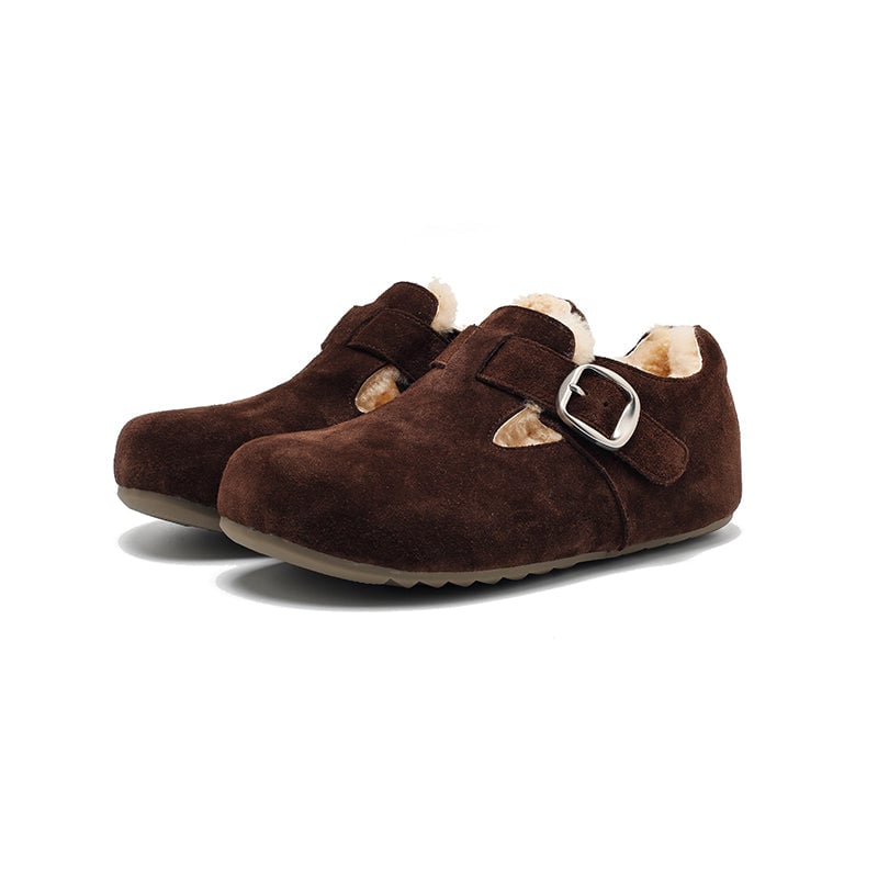 Women's Suede T-Strap Winter Shoes Wool-Lined Buckle Flats in Brown/Coffee/Light Khaki