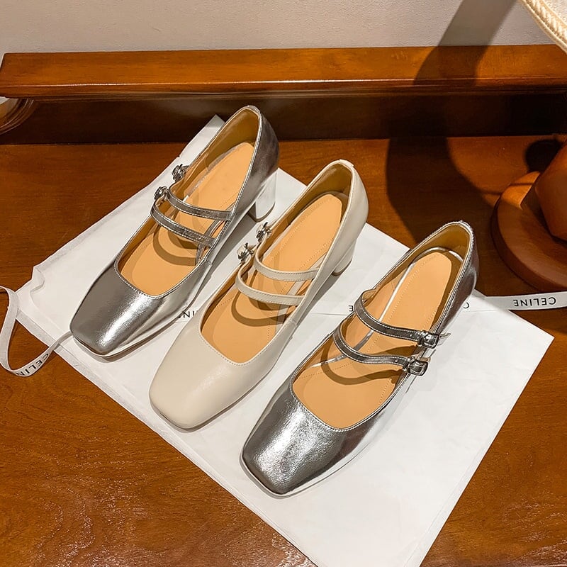 Elegantes tacones Mary Jane de piel de vaca con doble tira | Zapatos de boda y oficina en beige/plata