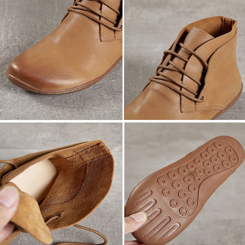 Botines descalzos de cuero retro hechos a mano con cordones para mujer, color marr&oacute;n/caqui