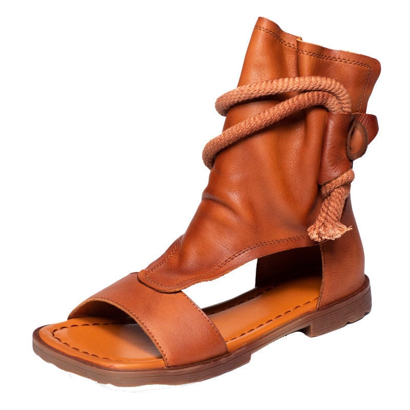 Sandalias de cuero para mujer, zapatos de ca&ntilde;a alta, planos, estilo gladiador, vintage, punta abierta