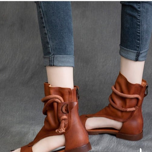 Sandalias de cuero para mujer, zapatos de ca&ntilde;a alta, planos, estilo gladiador, vintage, punta abierta