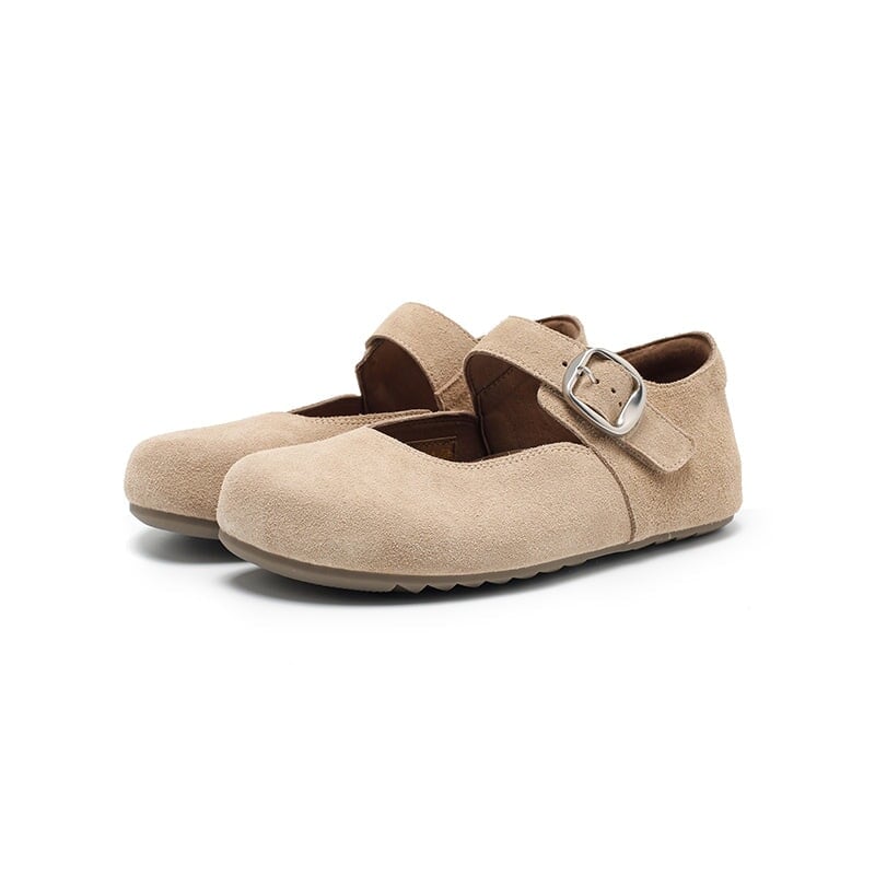 Handmade Soft Suede Leather Mary Jane Flats with Buckle in Light Grey/Coffee/Light Brown/Pink/Apricot
