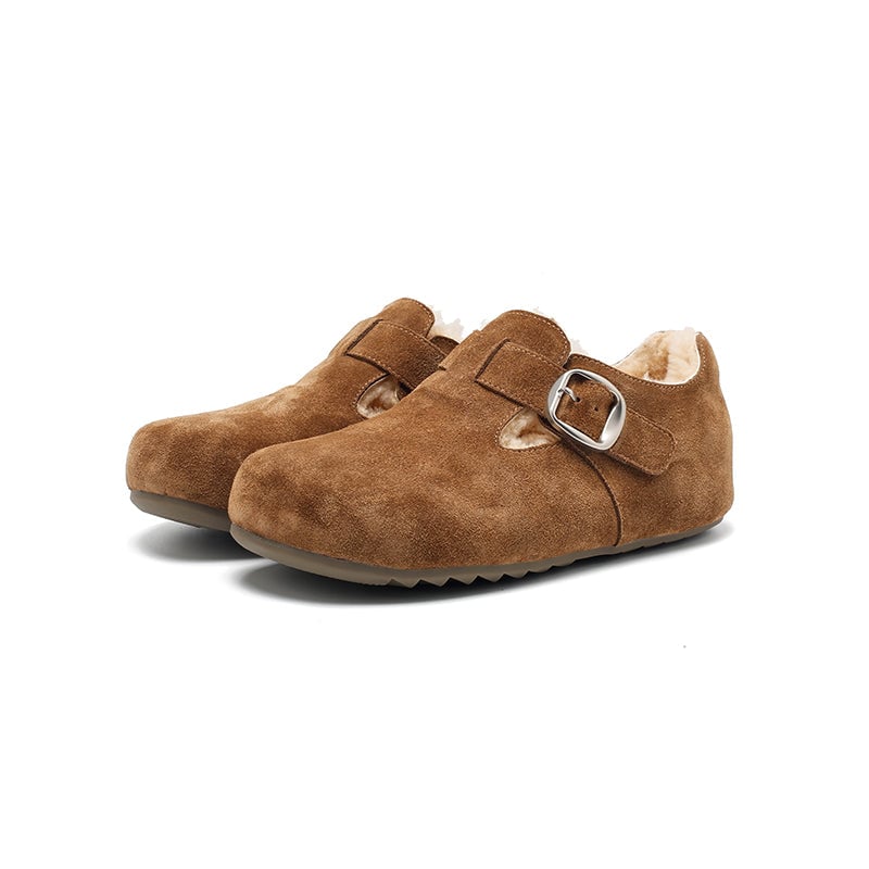 Women's Suede T-Strap Winter Shoes Wool-Lined Buckle Flats in Brown/Coffee/Light Khaki