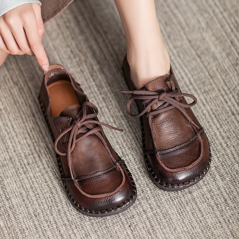 Scarpe Oxford e ballerine con lacci in morbida pelle per donna, fatte a mano, colore marrone/beige