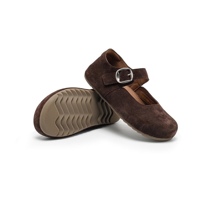 Handmade Soft Suede Leather Mary Jane Flats with Buckle in Light Grey/Coffee/Light Brown/Pink/Apricot