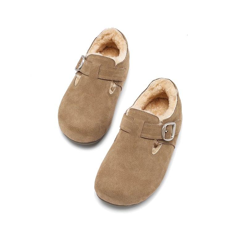 Women's Suede T-Strap Winter Shoes Wool-Lined Buckle Flats in Brown/Coffee/Light Khaki