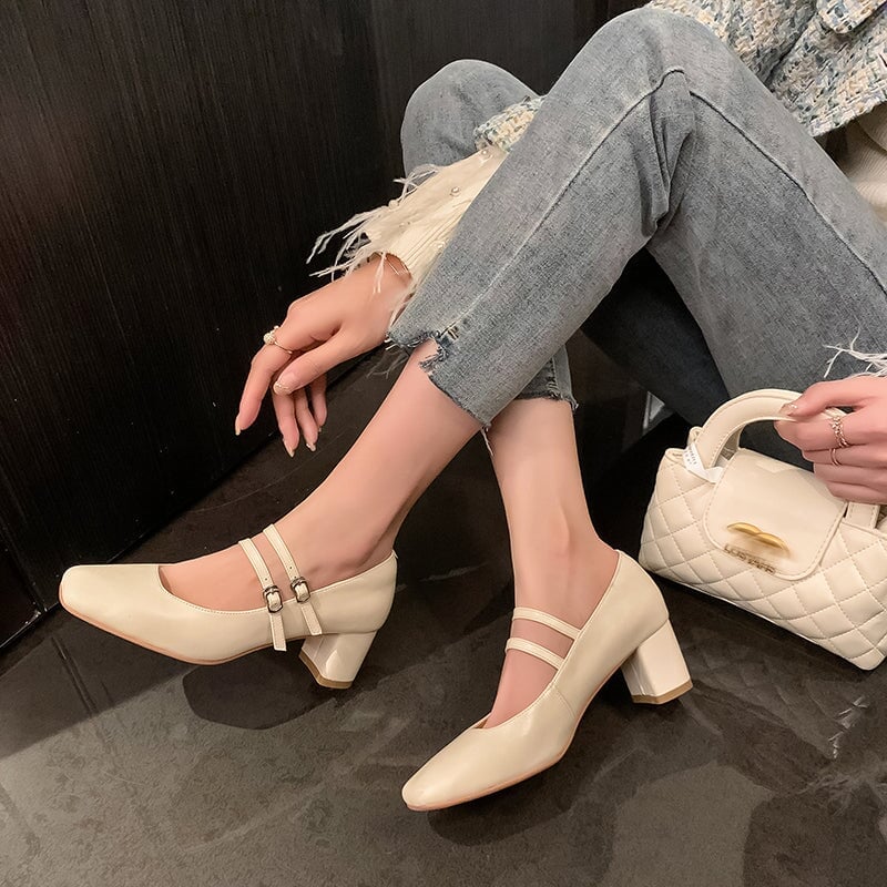 Elegantes tacones Mary Jane de piel de vaca con doble tira | Zapatos de boda y oficina en beige/plata