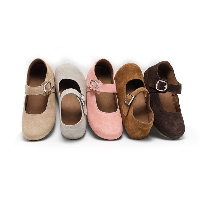 Handmade Soft Suede Leather Mary Jane Flats with Buckle in Light Grey/Coffee/Light Brown/Pink/Apricot