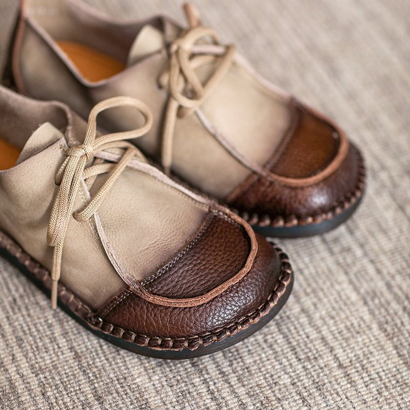 Scarpe Oxford e ballerine con lacci in morbida pelle per donna, fatte a mano, colore marrone/beige