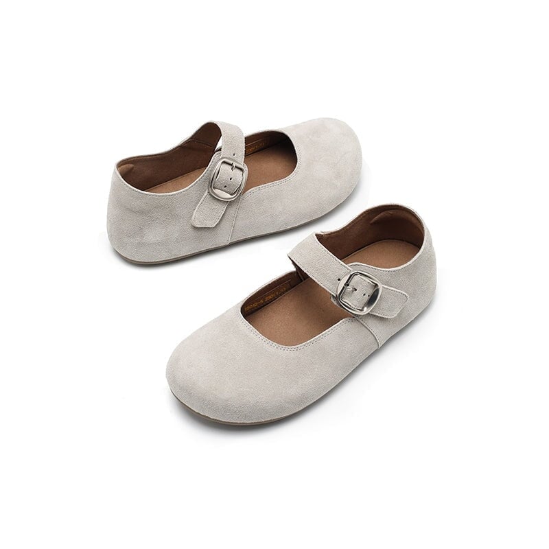 Handmade Soft Suede Leather Mary Jane Flats with Buckle in Light Grey/Coffee/Light Brown/Pink/Apricot
