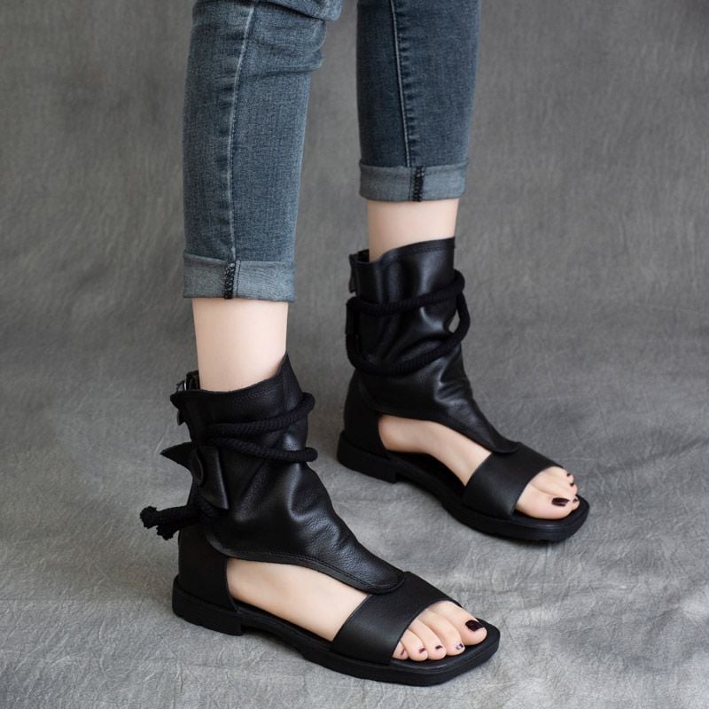 Sandalias de cuero para mujer, zapatos de ca&ntilde;a alta, planos, estilo gladiador, vintage, punta abierta