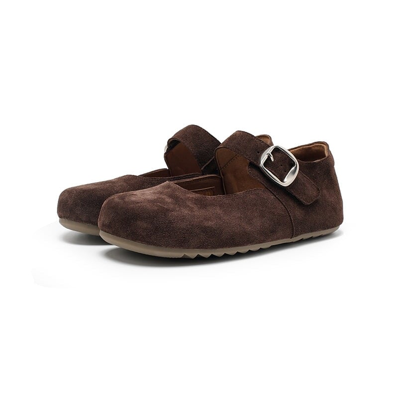 Handmade Soft Suede Leather Mary Jane Flats with Buckle in Light Grey/Coffee/Light Brown/Pink/Apricot