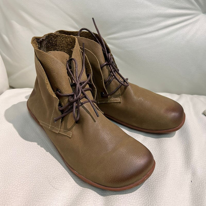Botines descalzos de cuero retro hechos a mano con cordones para mujer, color marr&oacute;n/caqui