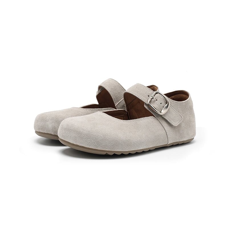 Handmade Soft Suede Leather Mary Jane Flats with Buckle in Light Grey/Coffee/Light Brown/Pink/Apricot