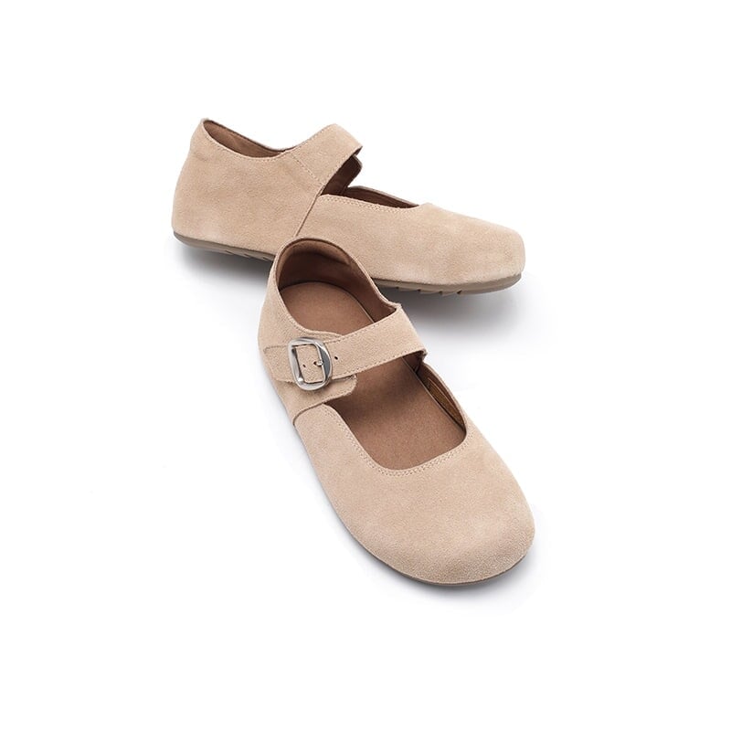 Handmade Soft Suede Leather Mary Jane Flats with Buckle in Light Grey/Coffee/Light Brown/Pink/Apricot
