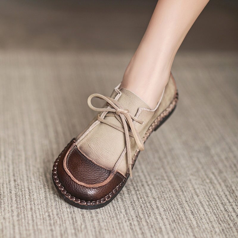 Scarpe Oxford e ballerine con lacci in morbida pelle per donna, fatte a mano, colore marrone/beige