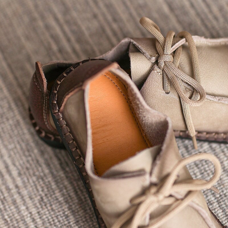 Scarpe Oxford e ballerine con lacci in morbida pelle per donna, fatte a mano, colore marrone/beige