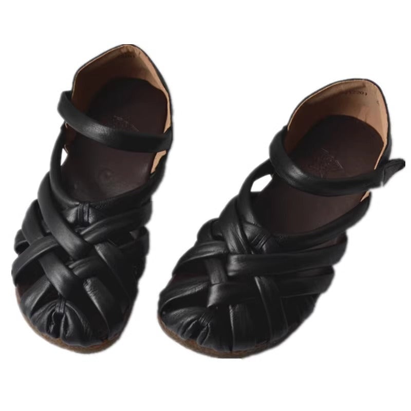 Sandali bassi da donna in pelle intrecciata a mano con velcro