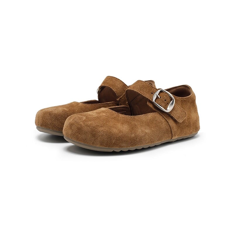 Handmade Soft Suede Leather Mary Jane Flats with Buckle in Light Grey/Coffee/Light Brown/Pink/Apricot