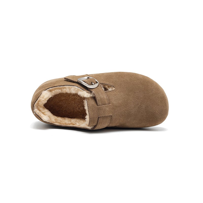 Women's Suede T-Strap Winter Shoes Wool-Lined Buckle Flats in Brown/Coffee/Light Khaki