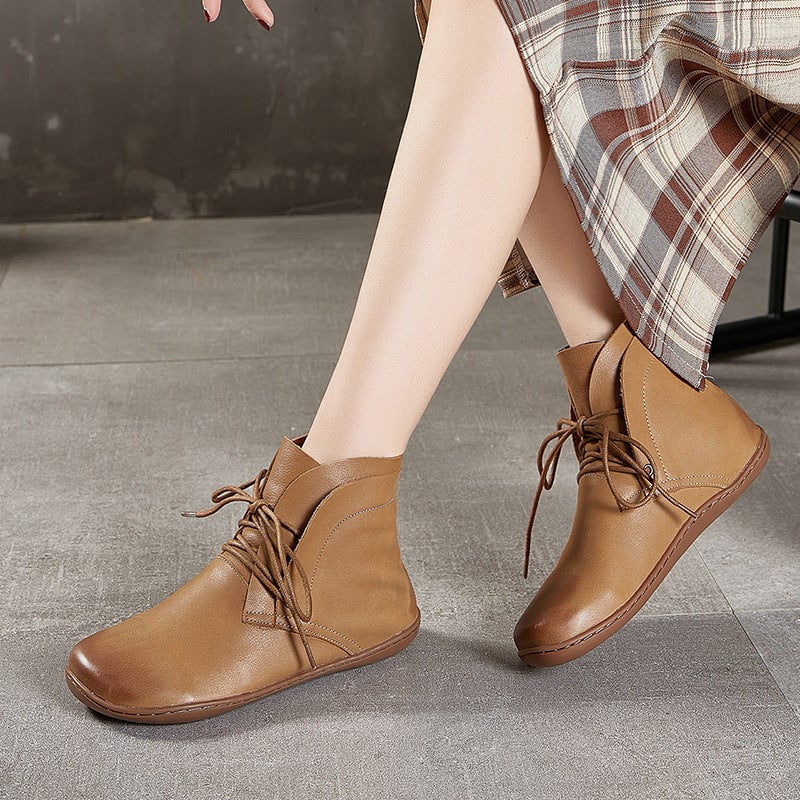 Botines descalzos de cuero retro hechos a mano con cordones para mujer, color marr&oacute;n/caqui