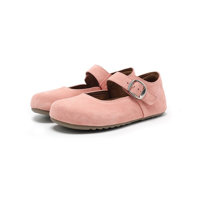 Handmade Soft Suede Leather Mary Jane Flats with Buckle in Light Grey/Coffee/Light Brown/Pink/Apricot