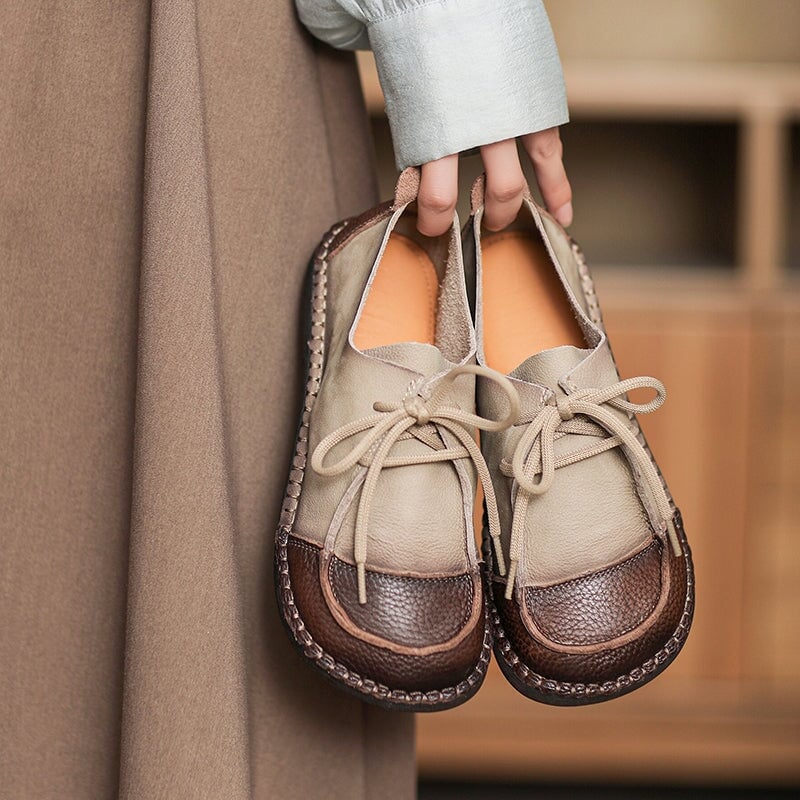 Scarpe Oxford e ballerine con lacci in morbida pelle per donna, fatte a mano, colore marrone/beige