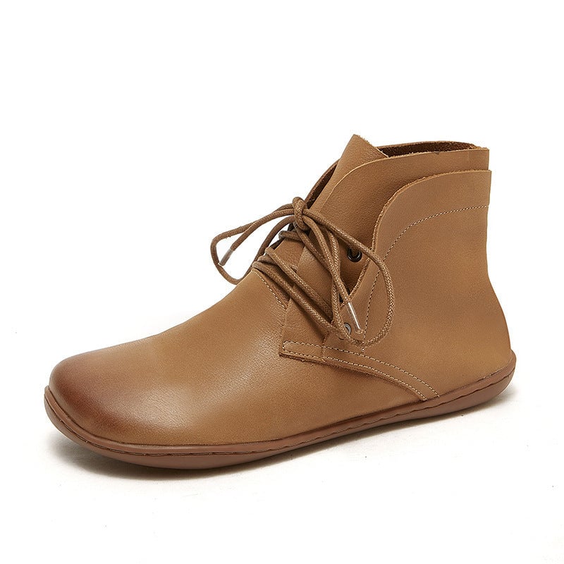 Botines descalzos de cuero retro hechos a mano con cordones para mujer, color marr&oacute;n/caqui
