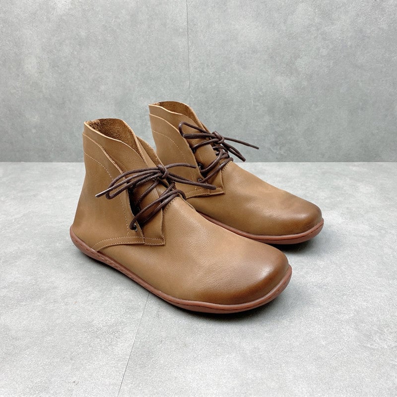 Botines descalzos de cuero retro hechos a mano con cordones para mujer, color marr&oacute;n/caqui