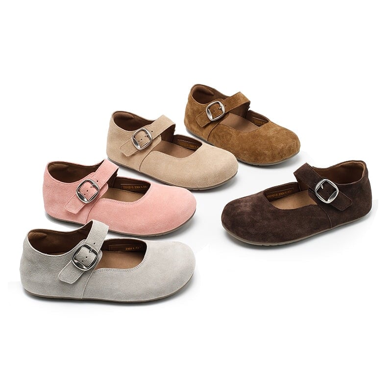 Handmade Soft Suede Leather Mary Jane Flats with Buckle in Light Grey/Coffee/Light Brown/Pink/Apricot
