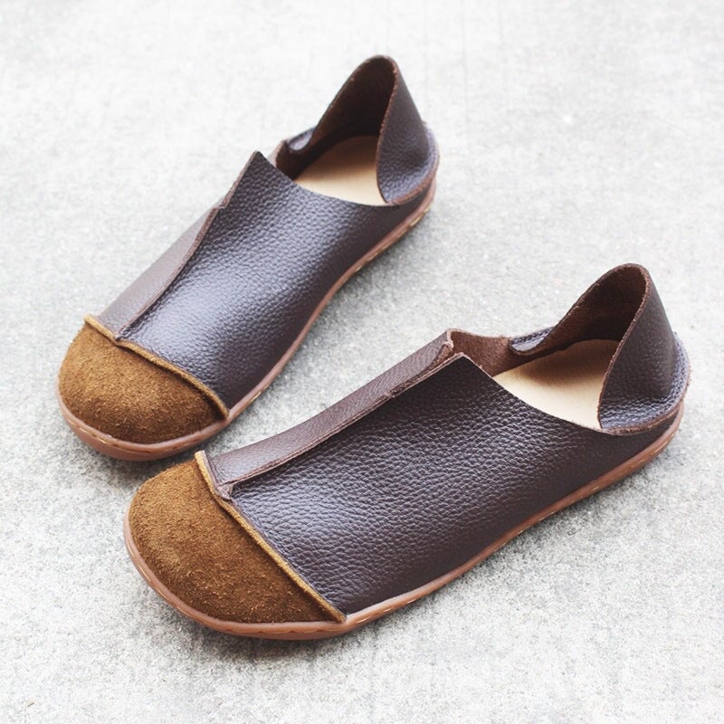 Mocasines retro de cuero suave hechos a mano, de dise&ntilde;o, planos descalzos para mujer