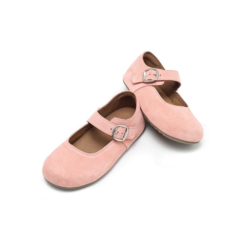 Handmade Soft Suede Leather Mary Jane Flats with Buckle in Light Grey/Coffee/Light Brown/Pink/Apricot