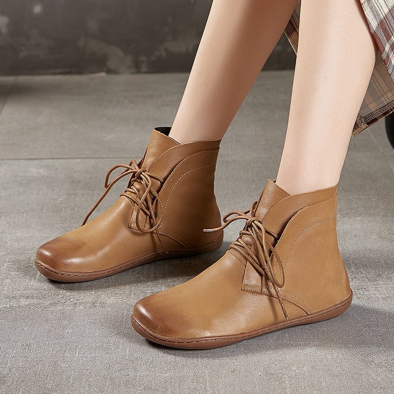 Botines descalzos de cuero retro hechos a mano con cordones para mujer, color marr&oacute;n/caqui