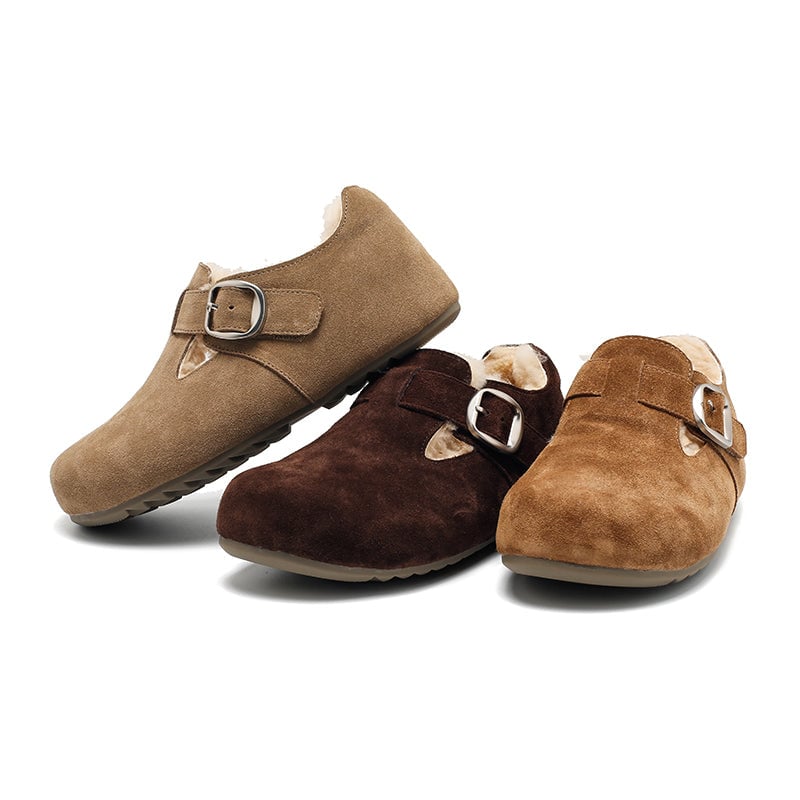 Women's Suede T-Strap Winter Shoes Wool-Lined Buckle Flats in Brown/Coffee/Light Khaki
