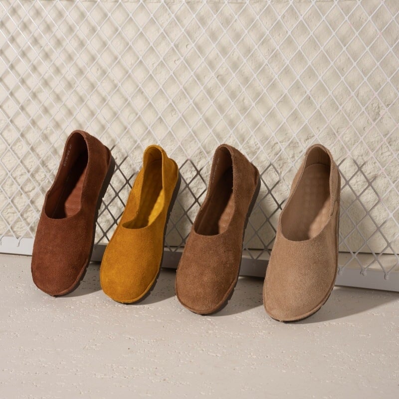 Mocasines informales de ante sin cordones, transpirables, planos y descalzos en caqui, amarillo, marr&oacute;n, beige y caf&eacute;.