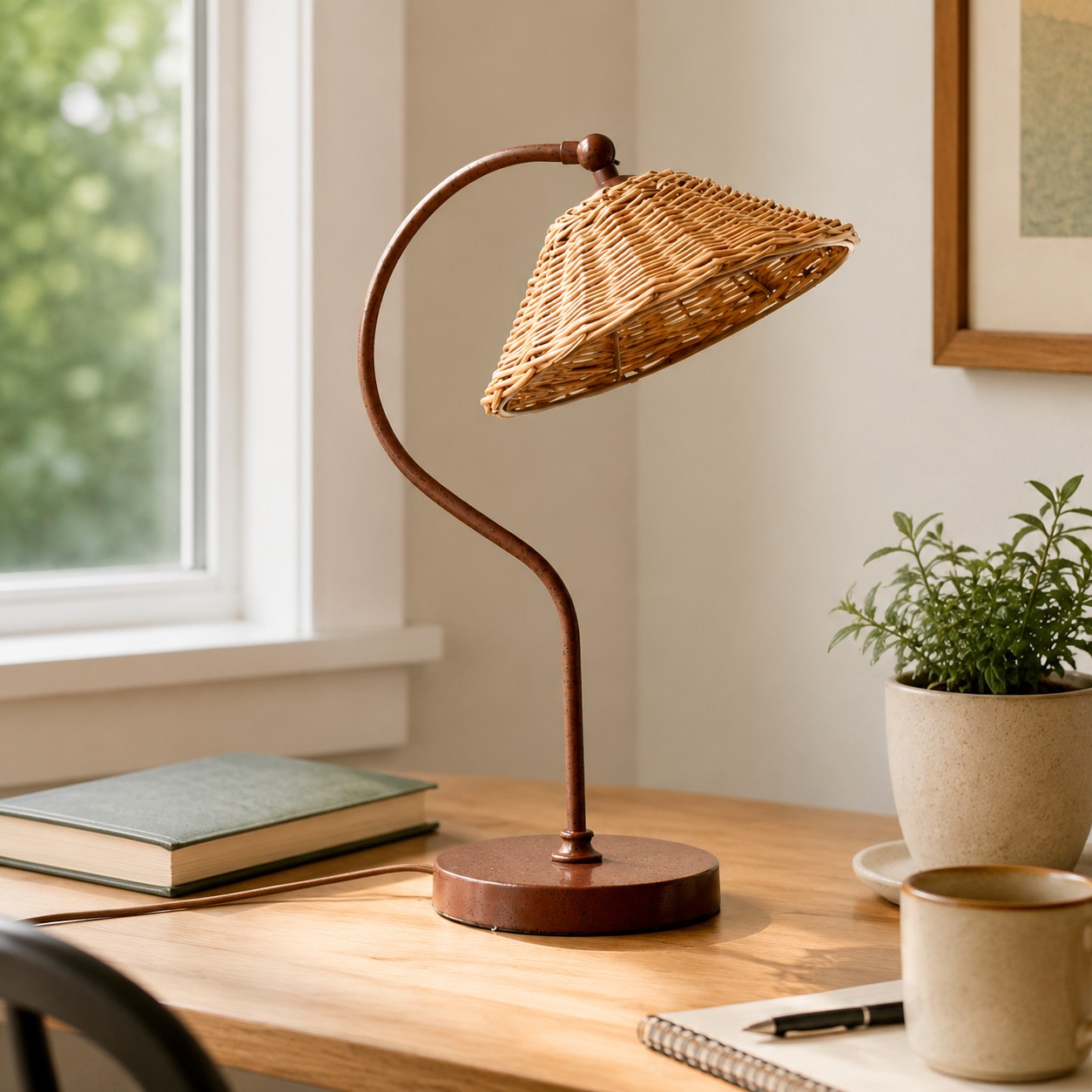 Lampe de table avec abat-jour en rotin tress&eacute; &agrave; la main et structure en m&eacute;tal courb&eacute;