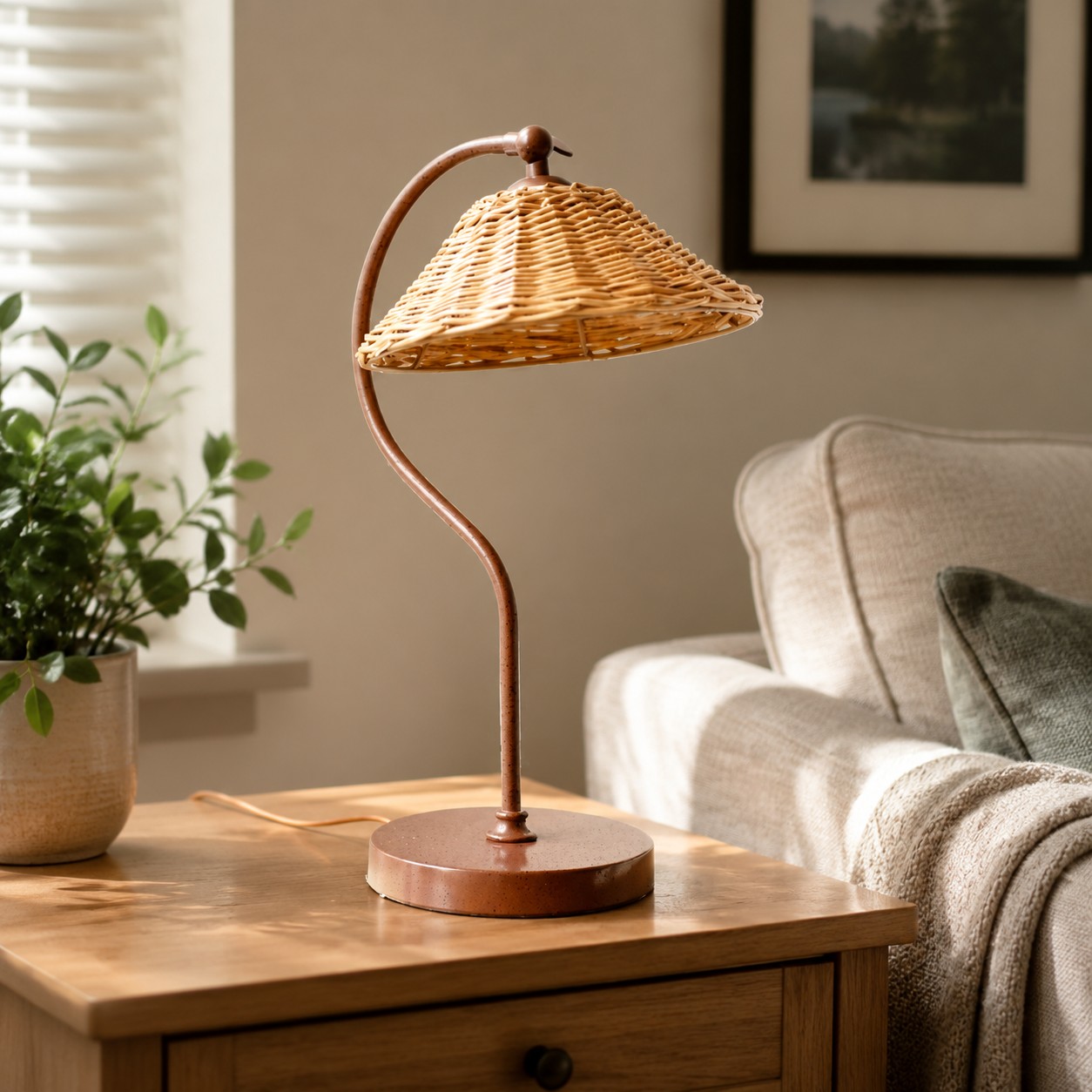 Lampe de table avec abat-jour en rotin tress&eacute; &agrave; la main et structure en m&eacute;tal courb&eacute;