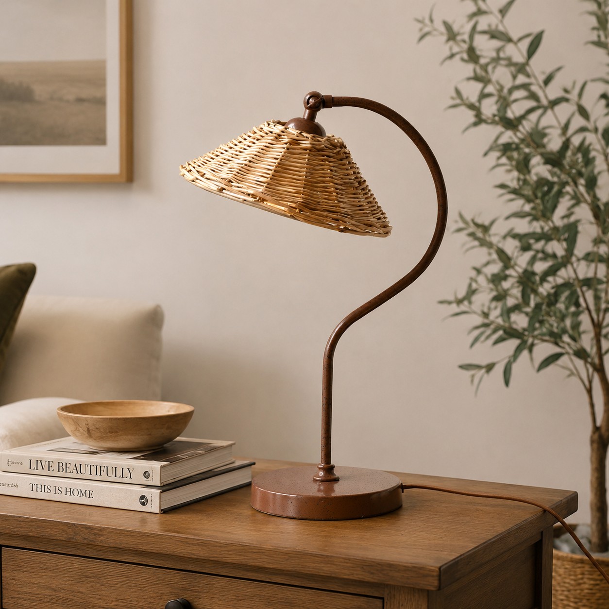 Lampe de table avec abat-jour en rotin tress&eacute; &agrave; la main et structure en m&eacute;tal courb&eacute;
