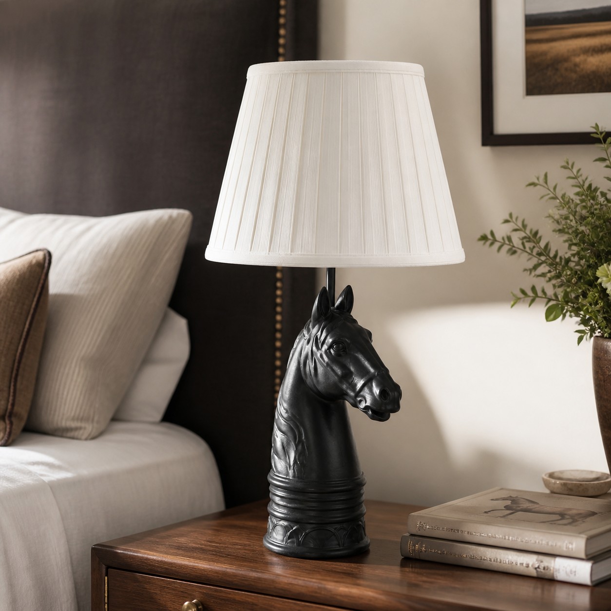 Black pleated horse head table lamp in living room