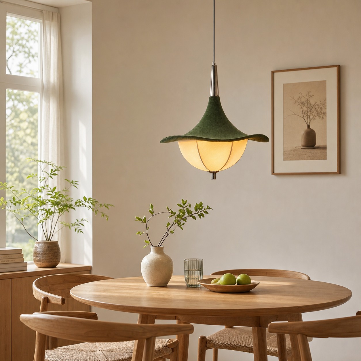 L&aacute;mpara colgante de tela verde para comedor