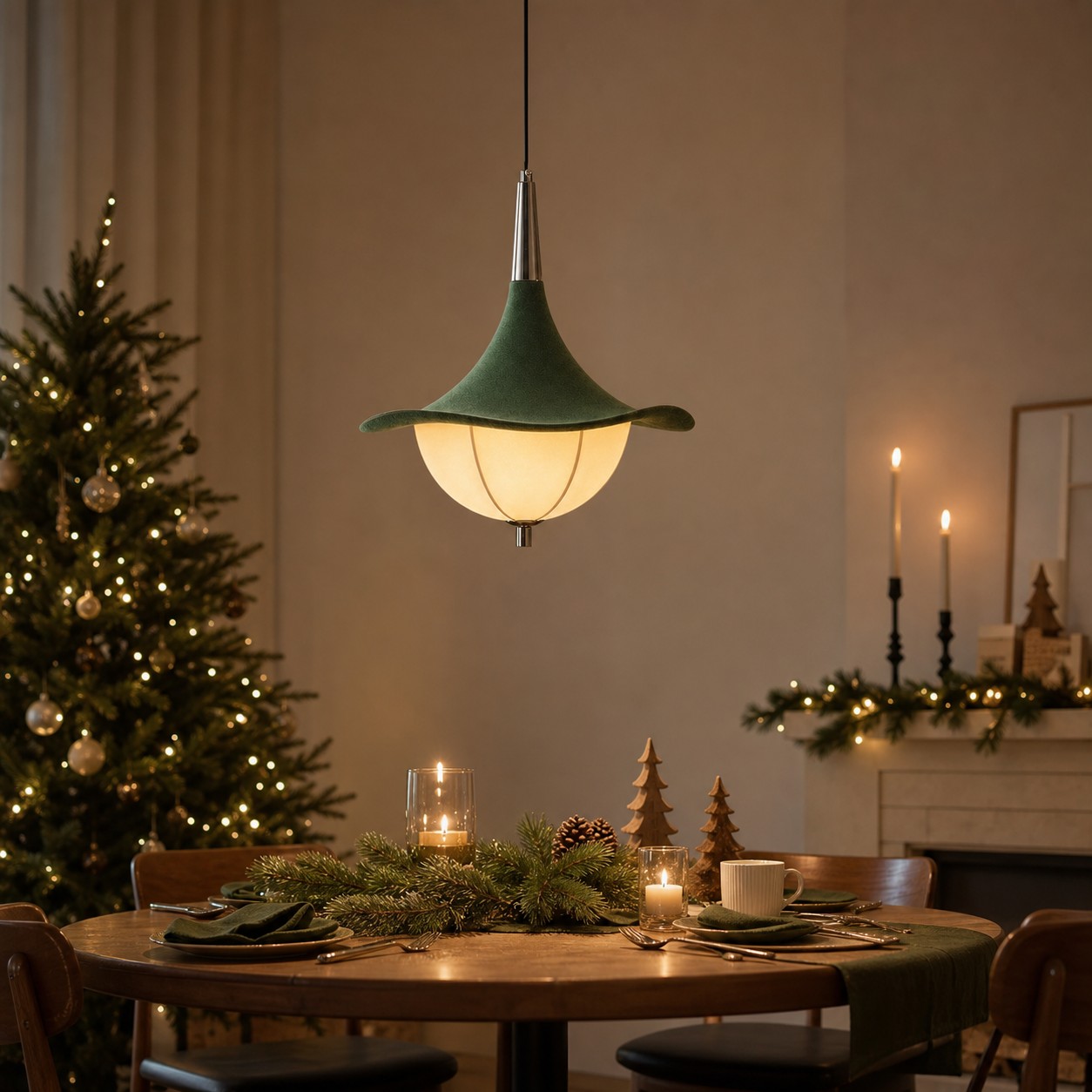 L&aacute;mpara colgante de tela verde para comedor