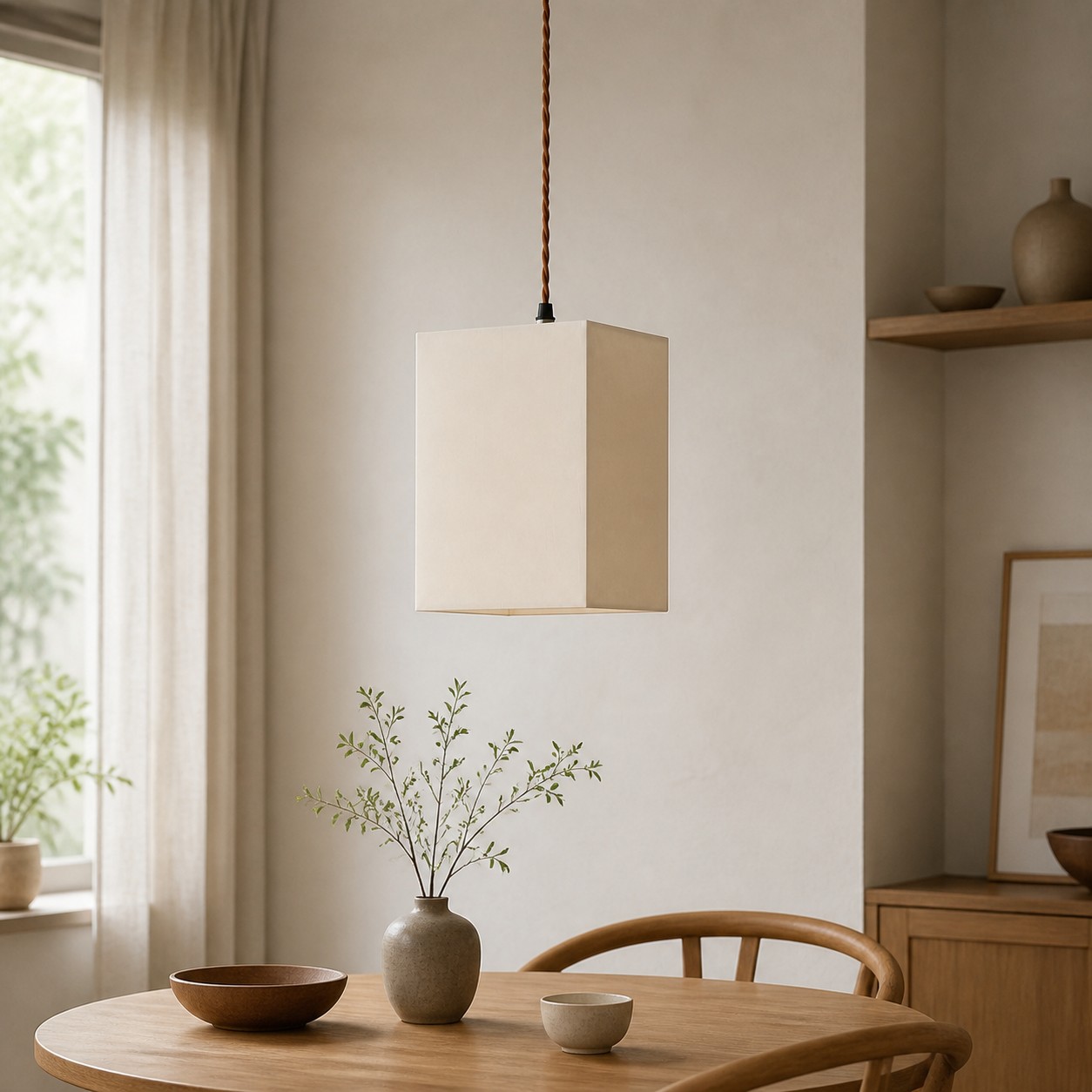 L&aacute;mpara colgante cuadrada de tela con dosel de madera