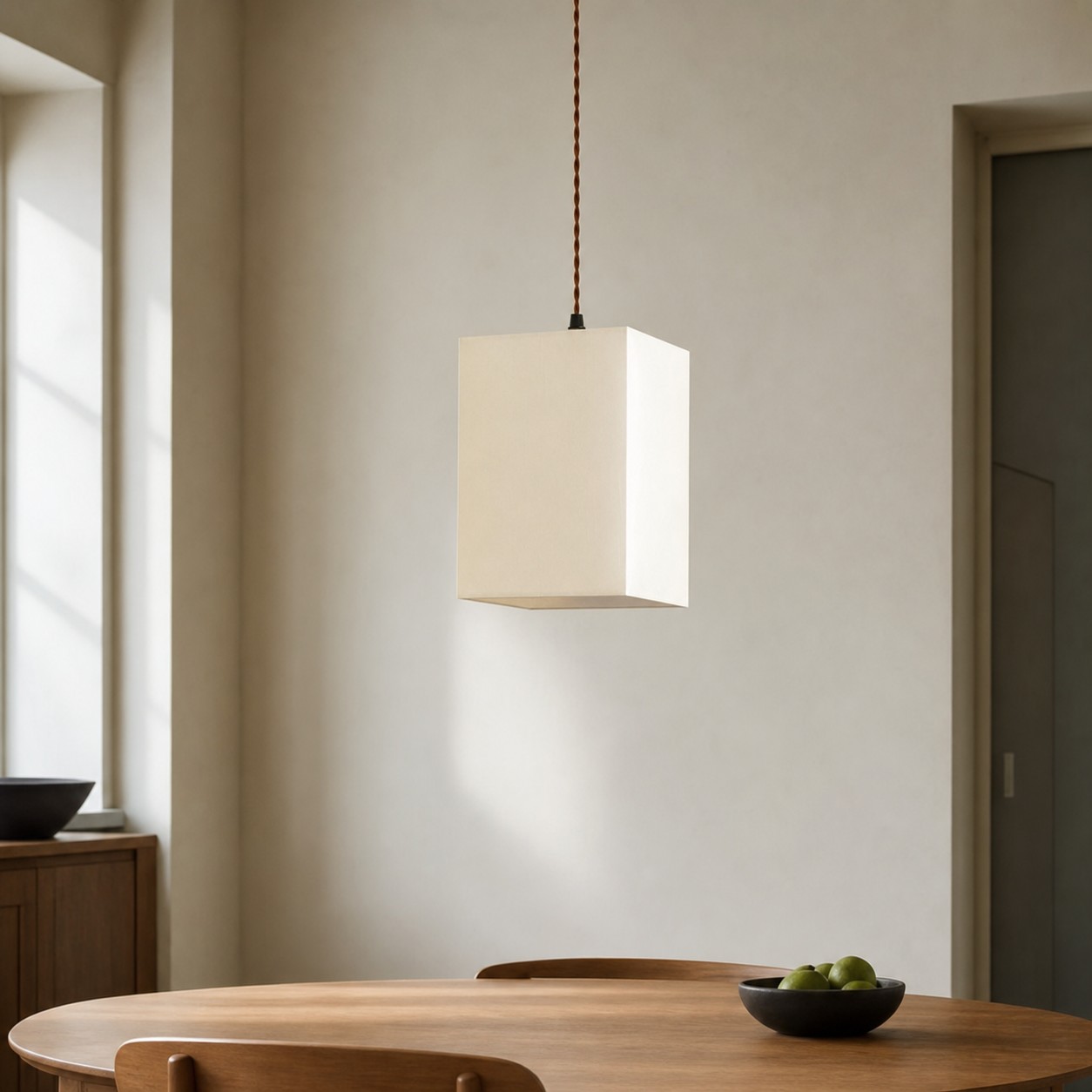 L&aacute;mpara colgante cuadrada de tela con dosel de madera