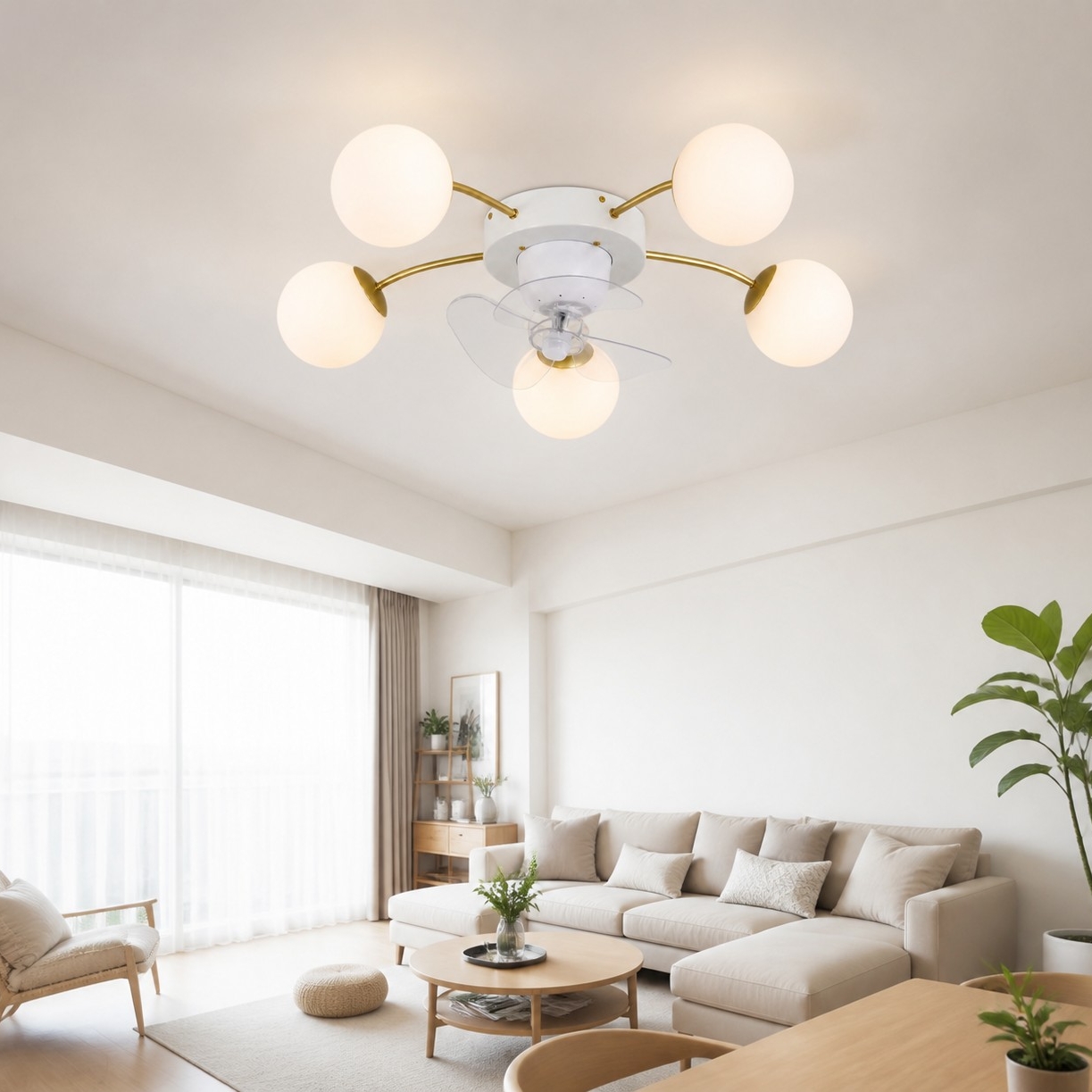 Ventilateur de plafond moderne blanc et or avec globes en verre