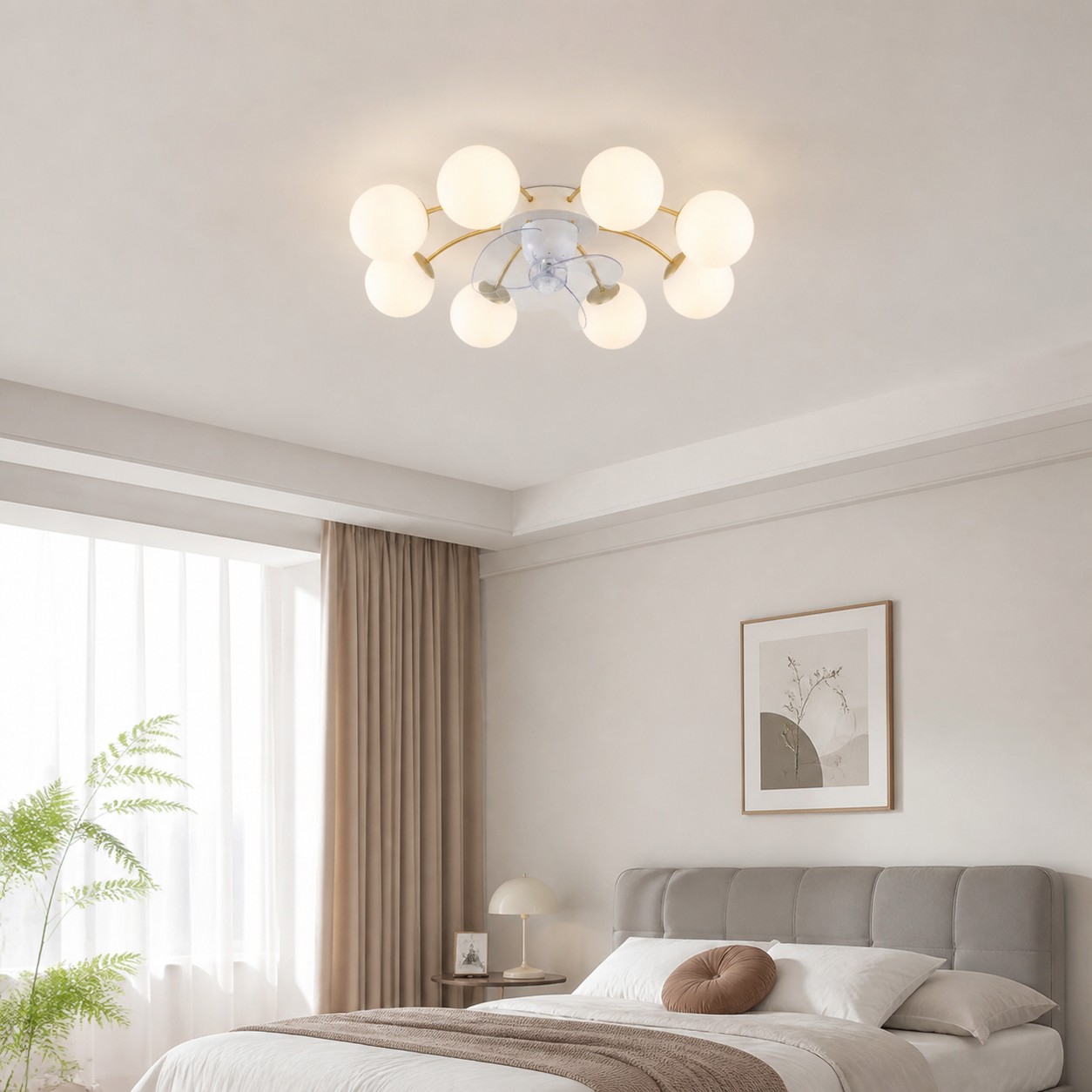 Ventilateur de plafond moderne blanc et or avec globes en verre